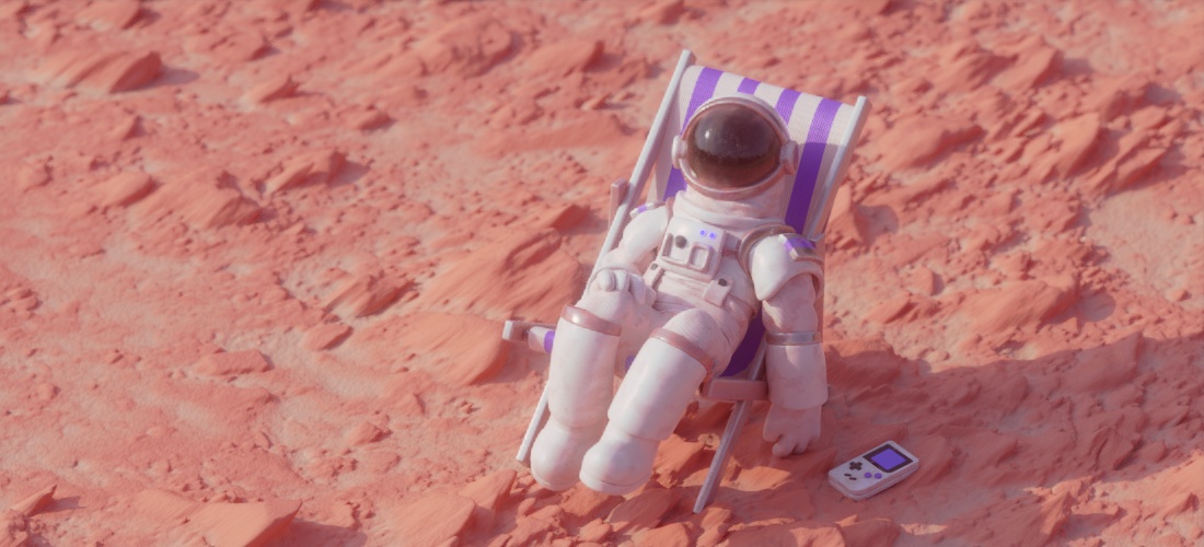Render de un astronauta en una hamaca en planeta Marte
